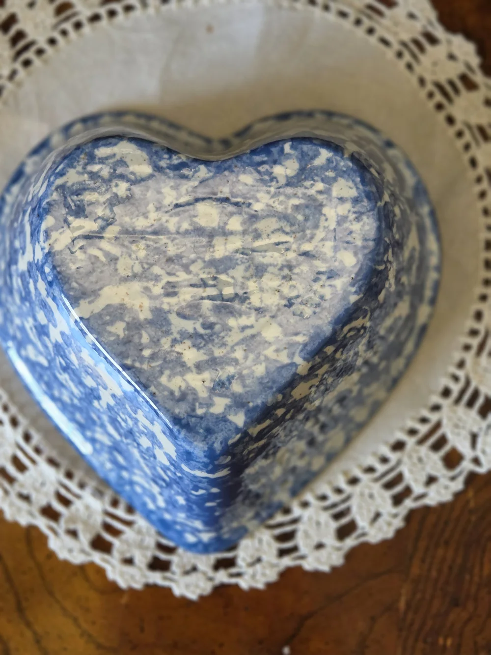 Blue Spongeware Style Heart Pottery Bowl | Primitive Country Farmhouse Decor